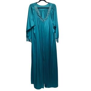 Elegant Satin Gown Womens 2XL Teal Lace Trim Button Front Long Sleeve Robe